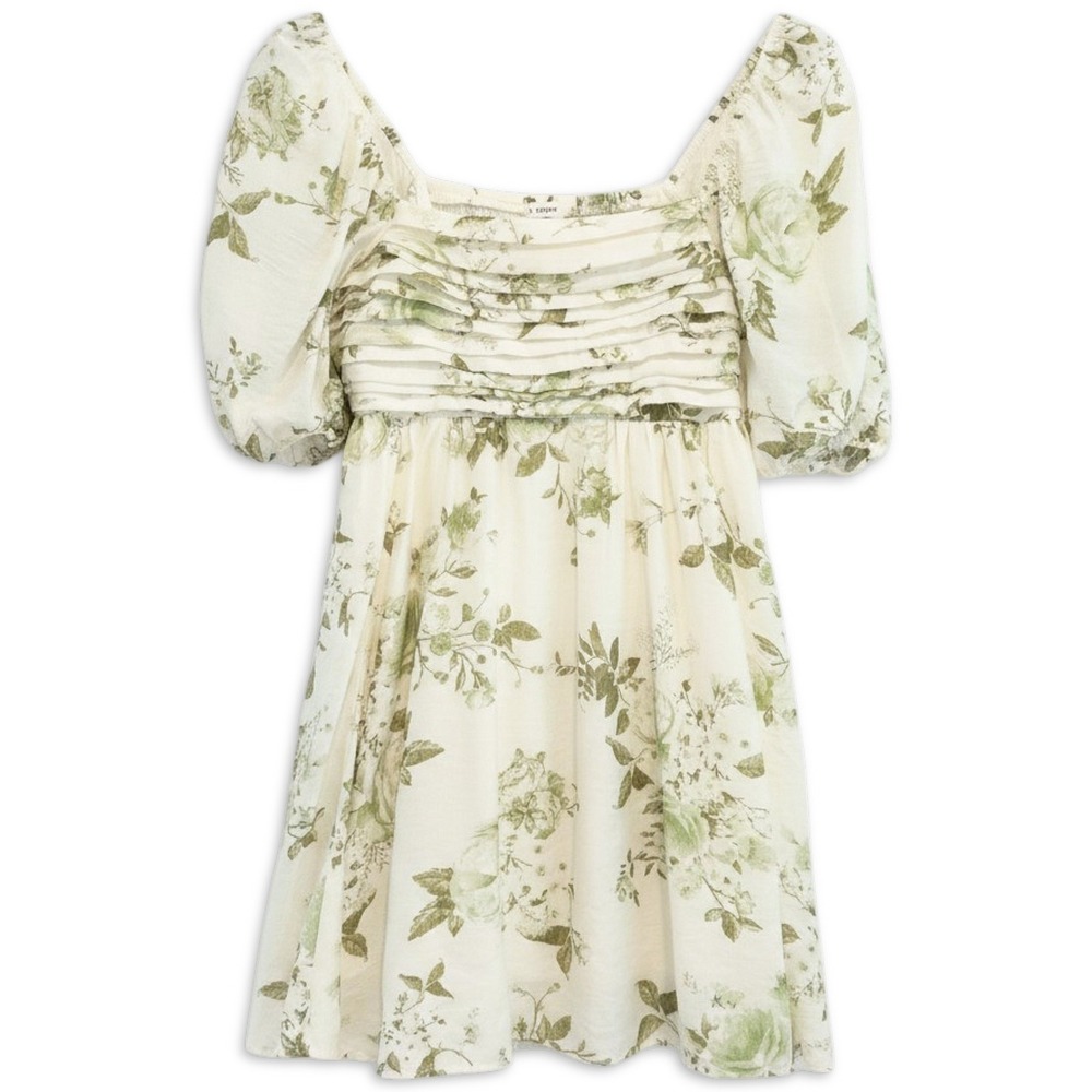 Blu Pepper Floral Dress Women L‎ Cream Green Puff Sleeve Smocked Mini Coquette